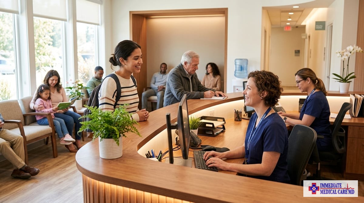 A warm and inviting urgent care clinic lobby where patients are greeted by friendly staff.

Photo-realistic, editorial-quality photograph. Natural
