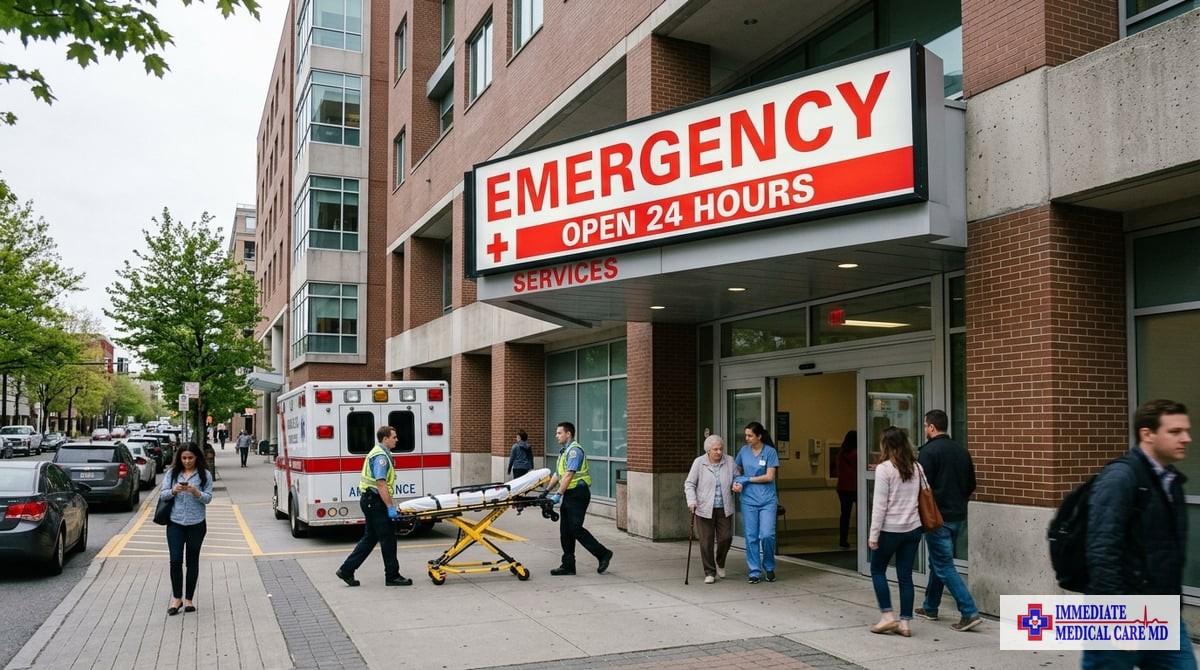 An emergency room sign outside a hospital building, indicating emergency services available 24/7.

Photo-realistic, editorial-quality photograph