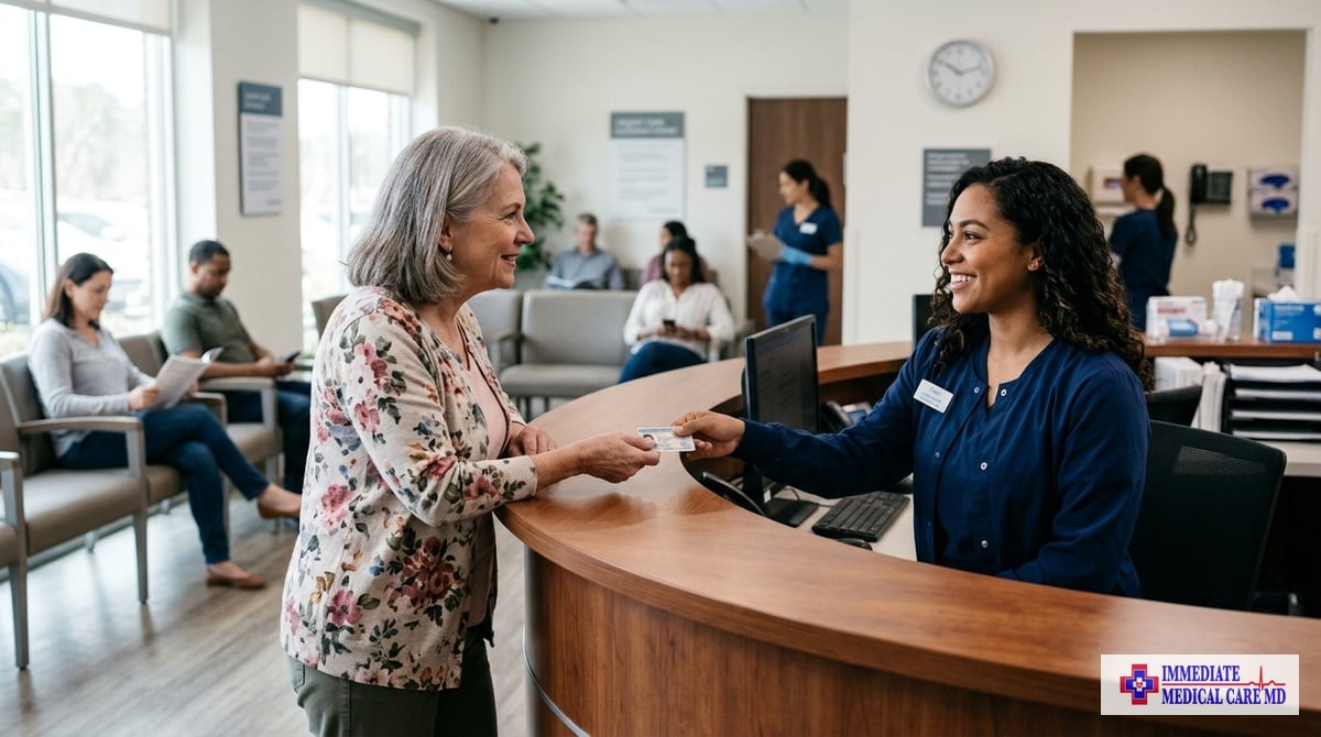 A patient check-in area at an urgent care center, showing a friendly receptionist assisting a visitor.

Photo-realistic, editorial-quality