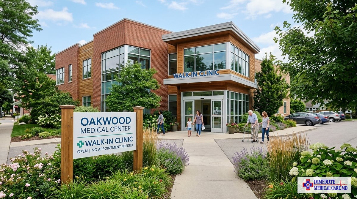 A welcoming medical center exterior with a 'Walk-In Clinic' sign, surrounded by greenery.

Photo-realistic, editorial-quality photograph. Natural