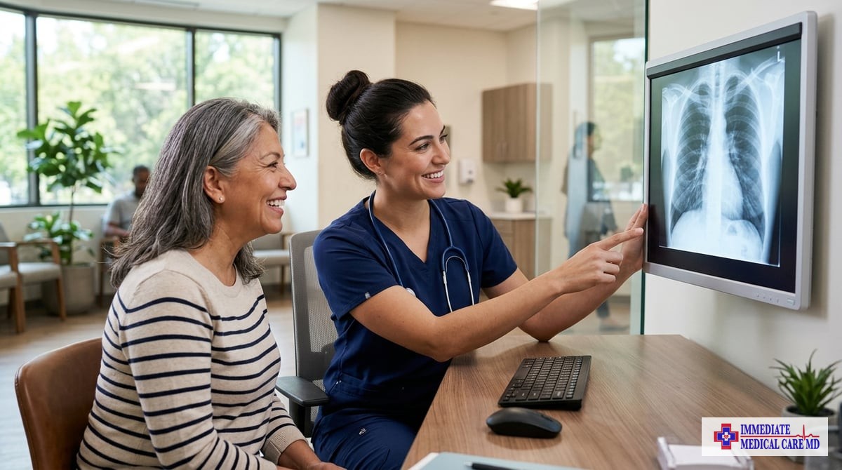 A healthcare provider presenting X-ray results to a patient, showcasing a friendly interaction in a modern clinic.

Photo-realistic