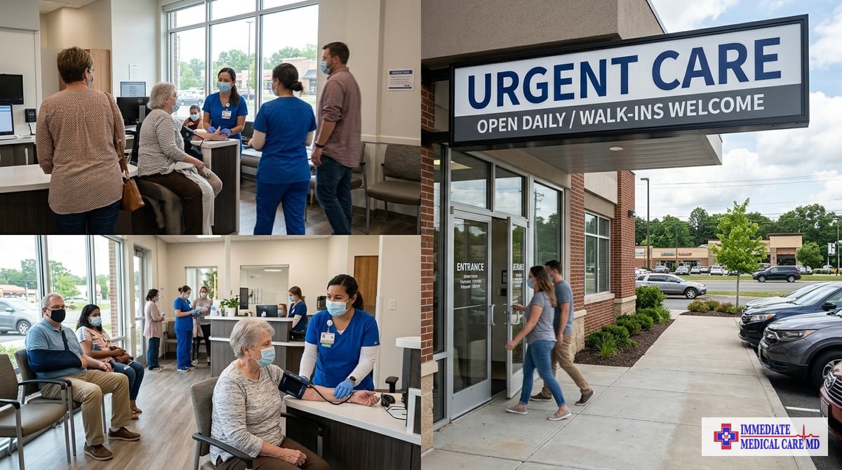 A professional urgent care center with a clear sign, showcasing patients entering and receiving care.

Photo-realistic, editorial-quality photograph